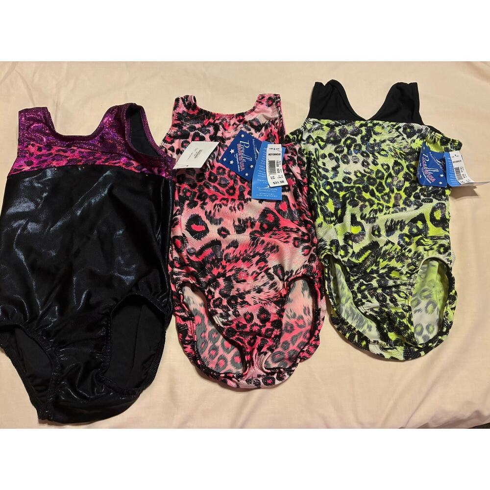 Lot 3 Motionwear Girls Gymnastics Leotards NWT Animal Print Leopard Metallic USA